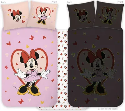 Produktbild von Disney Minnie Heart Kinder-Bettwäscheset mit Leuchteffekt, 100 x 135 cm, 40 x 60 cm