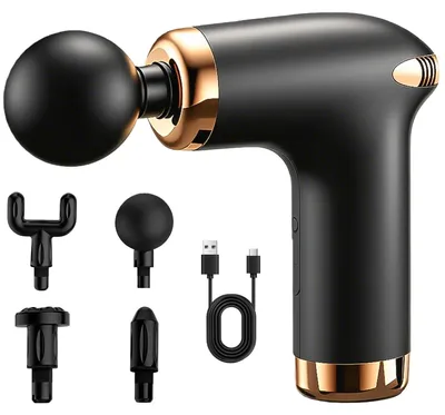 Productafbeelding van Massagepistool, percussiemassageapparaat, stille elektrische massagepistool, 6 snelheden + 4 massagekoppen, massageapparaat voor schouders, lichaam en rug, voor ontspanning, (zwart)