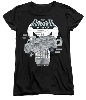 Immagine prodotto di Maglietta da donna "The Punisher" con la scritta "Battle Van Specs", in cotone pettinato, modello aderente, codice TV35367 (taglia XXL), colore nero
