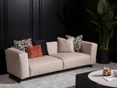 Immagine prodotto di Elegante divano in tessuto beige con struttura in legno per un soggiorno moderno