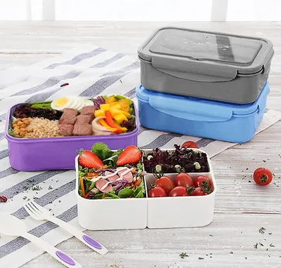 Zdjęcie produktu dla Szczelne pudełko bento - Pojemnik na żywność z zestawem sztućców - 3 komory - Szary