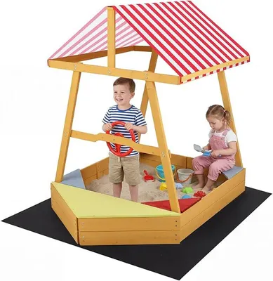 Produktbild von Sandkasten mit Dach, Schiff Sandkiste aus Holz mit Steuerrad, 4 Ecksitzen & Bodenplane, Sandbox Outdoor für Kinder ab 18 Monaten, 103 x 135 x 140 cm