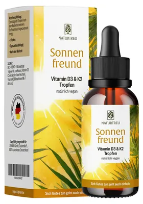 Produktbild von Vitamin D3 & K2 Tropfen für Erwachsene (1.000 I.E.) - SONNENFREUND - vegane 30 ml à 1.200 Tropfen für 1.200 Tage - NATURTREU®