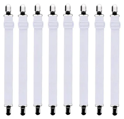 Image de Attaches élastiques réglables pour draps-housses, lot de 8, blanches, pour les coins de lit, de matelas ou de canapé (60-200 cm)