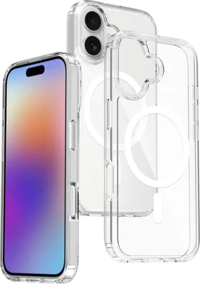 A clear iPhone case with MagSafe technology is shown next to an iPhone.