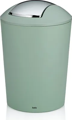 A light green trash can with a silver lid.