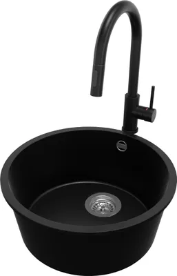 Produktbild von PRIMAGRAN Granitspüle Schwarz 46x46cm, Spülbecken Rund 1 Becken + Küchenarmatur 40x20cm + Ablauf-Set, Küchenspüle ab 50er Unterschrank - Valletta Slim