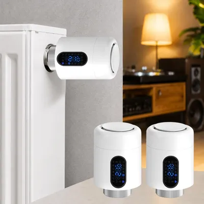 Obrázek produktu pro Ikodm Chytrý termostat pro radiátory, WiFi, ovládání přes aplikaci, kompatibilní s platformami Smart Life/Tuya, 7 adaptérů, bílý, balení 2 kusů