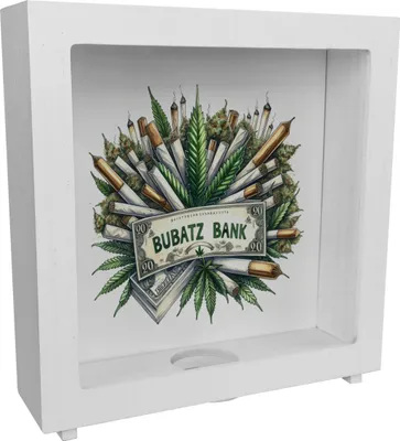 Produktbild von Marihuana Kiffer Rahmen Spardose aus Holz mit Spruch Bubatz Bank