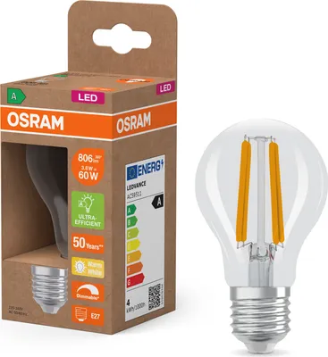 Obrázok produktu pre LED žiarovka OSRAM Energy Class v klasickom tvare žiarovky, 3,8 W / 806 lm, EEK A, teplé biele svetlo (2700 K), CRI 80, z bezolovnatého skla čírej farby, pätica E27, IP20, priemer 60 mm, stmievateľná.