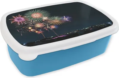Produktbild von KitchenYeah® Lunchbox Brotzeit Brotdose 17x11 cm Ein Bild vom Feuerwerk in einer Stadt während der Silvesternacht Kinder Brotzeitdose - Lunch - Kunststoff  - Brotbüchse - Sandwichbox - Lunchbox für Ki