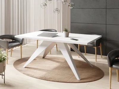 Produktbild von Esstisch Venus im Modern Still, Rechteckig Tisch in Weißer Marmoroptik - Ausziehbar von 160 cm bis 260 cm, Pulverbeschichtete Weiße Metallbeine - 160 x 90 cm - Marmor Weiß