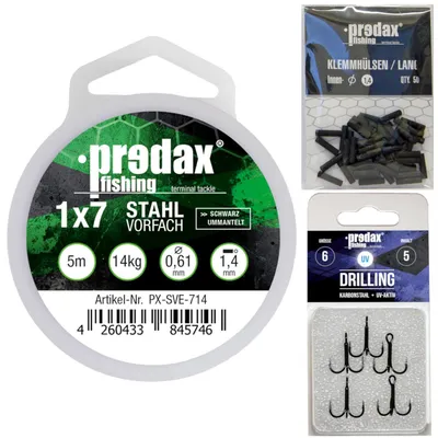 Produktbild von Predax Stahlvorfach 1x7 5m 14kg + 50 Klemmhülsen + 5 Drillinge Gr. 6