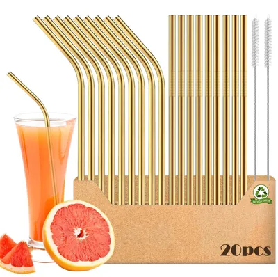 Produktbild von Edelstahl Trinkhalme Set Golden 20 Stück Wiederverwendbar mit Reinigungsbürsten für Cocktails & Smoothies