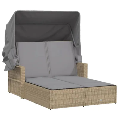 Produktbild von Doppel-Sonnenliege mit Dach und Auflagen Beige Poly Rattan