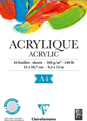 Produktbild von Clairefontaine 5x Zeichenblock Acryl A4, einseitig geleimt, 10 Blatt 360g 96308C