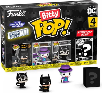 A Funko Bitty Pop! 4-pack featuring Batman characters, including a mystery pop, displayed in its packaging.