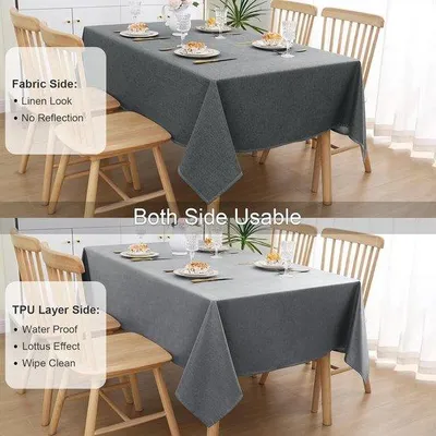 Produktbild von Famanu Tischdecke mit Leinenlook - Lotuseffekt - Rechteckig - 130 x 160 cm - Wasserabweisend - Dunkelgrau