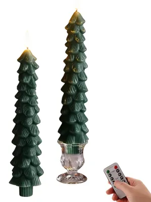 Image de Bougies LED sans flamme, décoratives pour Noël, avec télécommande, couleur verte, lot de 2, 25 cm