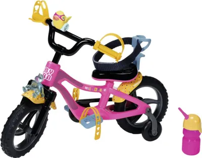 A pink toy bicycle with yellow and blue accents, shown against a white background.