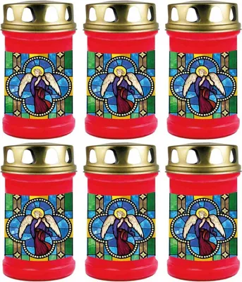 Image de Bougie funéraire - pack de 6 - rouge 48h ( couvercle or ) - fenêtre multicolore