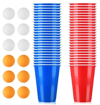 Obrázek produktu pro Sada plastových kelímků pro hru Beer Pong, 50 kusů, objem 500 ml, včetně 12 pingpongových míčků pro zábavné hry