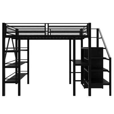 Produktbild von Flieks Etagenbett 140x200cm mit Schreibtisch und Bücherregal, Kinderbett Jugendbett mit Rausfallschutz, Hochbett mit Treppe und Garderobe, Schwarz