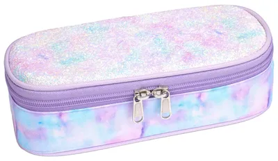 Image de Trousse pour fille, motif batik violet, avec 2 compartiments et un porte-crayons à l'intérieur.
