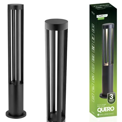 A product image collage showing a black outdoor bollard light, a close-up of the light, and the product's packaging.