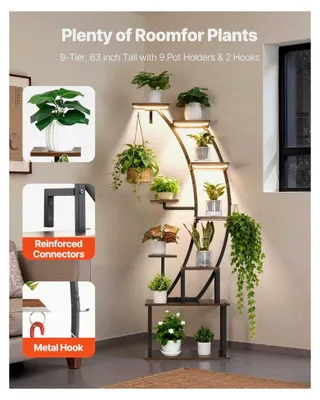 Produktbild von Pflanzenständer mit Wachstumslicht, Blumentreppe mit 9 Ebenen, Blumenständer aus Metall, 3 Timer- und 10 Helligkeitsstufen, Blumenregal für Wohnzimmer und Balkon, 62x28x160 cm