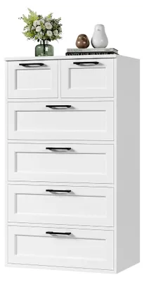 Produktbild von Kommode Weiß, Schlafzimmerkommode mit 6 Schubladen, Hochschubladenschrank für Wohnzimmer, Schlafzimmer und Flur, Modern, Holz