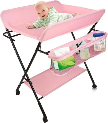 Produktbild von Baby-Wickeltisch - Ankleidetisch - Für die Babypflege - Klappbar und mobil - 80 x 66 x 98 cm - Rosa
