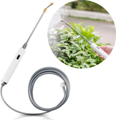 Produktbild von Edelstahl-Wasserschlauchbrause fuer Rasen und Garten, 2 einstellbare Spruehduesen und einfache Bedienung mit einem Klick, elektrische Handbewaesserungsstange, einziehbare 11-19-Zoll-Brausestange mit 9,8-Fuss-Schlauch
