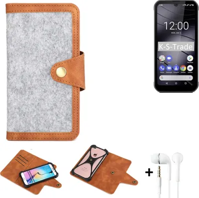 Produktbild von K-S-Trade Handyhülle + Kopfhörer kompatibel mit Gigaset GX290 Schutzhülle Filz Hülle Kunstleder hellgrau braun (1x)