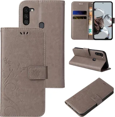 Produktbild von Handyhülle für Samsung Galaxy A11 Floral Blumen Schmetterling Flip Cover Hülle Case Klapphülle Handytasche Farbe: Grau