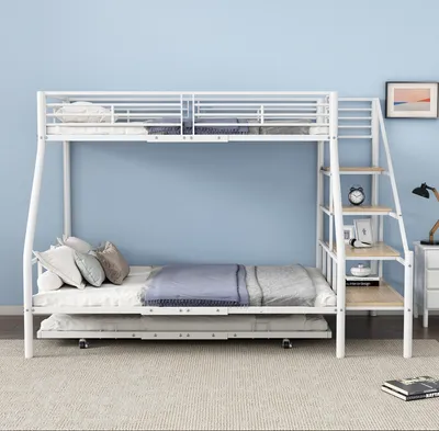 Image de AIORBER Lit superposé, 90x200cm, avec lit extensible, stable et durable,avec échelle de rangement, cadre de lit métallique, pour chambre à coucher, chambre d'enfant, blanc