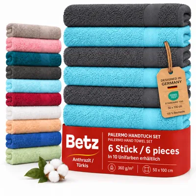 Produktbild von Betz Handtuch Set Palermo – 6er Pack Handtücher 50x100 cm – 100% Baumwolle, Handtücher für Bad, Gäste & Alltag – anthrazit und türkis