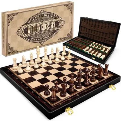 Holz-Schachspiel 48x48 cm, klappbar, 34 Figuren, schwarz