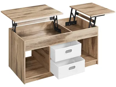 Obrázek produktu pro Výškově nastavitelný konferenční stolek se 2 zásuvkami | Hnědý a bílý | 100x50x48/62,3 cm