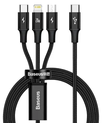 Obrázok produktu pre Baseus Rapid Series 3-v-1 USB-C kábel pre M+L+T 20W 1,5m čierny (6953156204294)