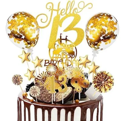 Zdjęcie produktu dla Toppery urodzinowe złote do tortu happy birthday dekoracja 17 szt.
