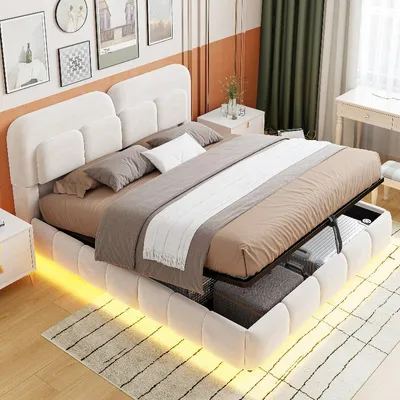 Productafbeelding van Boxspringbed 140x200 cm met LED-verlichting en hydraulische opbergruimte, fluweelbed in beige kleur met een bekleed hoofdeinde en bedzijden