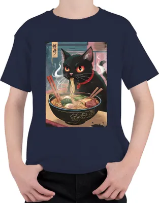 Produktbild von Schwarze Katze Ramen Nudelsuppe Japanisch Kawaii Anime Neko Chibi Uni Kinder T-Shirt, Navy, 128