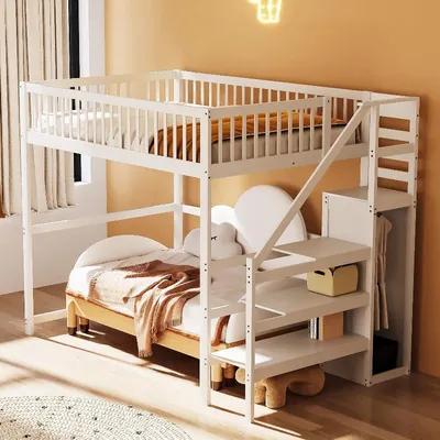 Productafbeelding van Hoogslaper 140x200 cm, wit, van hout, met trap, opbergrek en kledingkast, geschikt voor een kinderkamer