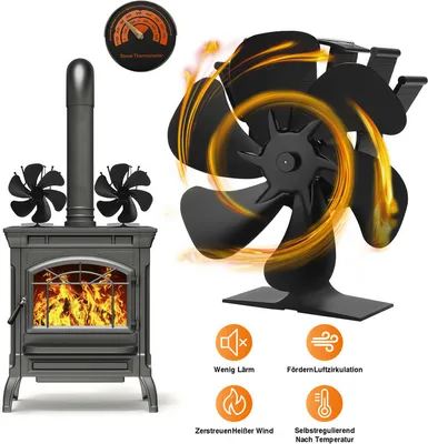 Immagine prodotto di Fiqops ventilatore per camino ventilatore per stufa senza elettricità ventilatore a 6 pale ventilatore riscaldatore ventilatore elettrico per stufa