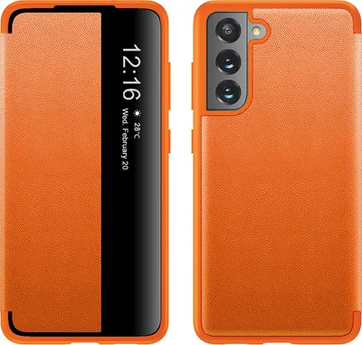 Image de Étui pour Samsung Galaxy S21 FE 5G étui à rabat en cuirPolyuréthaneavec fenêtre d'affichage Orange