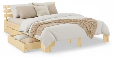 Image de Lit double en bois 160x200 avec 2 tiroirs naturelle pin Cadre de lit en bois massif sommier à lattes