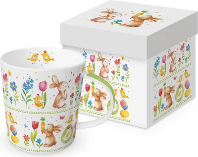 Produktbild von Tasse aus Porzellan Rabbits at Work - Hasen und Küken im Frühling 0,4L, Höhe 9,7cm