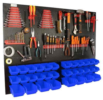 Obrázek produktu pro Pracovní stůl – organizér nářadí – 120 x 90 cm – kov – skládací – 32 přihrádek – modré háčky