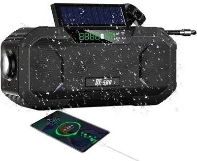 Immagine prodotto di Dispositivo di emergenza realizzato a mano - Caricabatterie a energia solare da 5000 mAh, AM/FM, torcia LED impermeabile, batteria esterna, allarme SOS, per escursioni, campeggio, attività all'aperto, emergenze